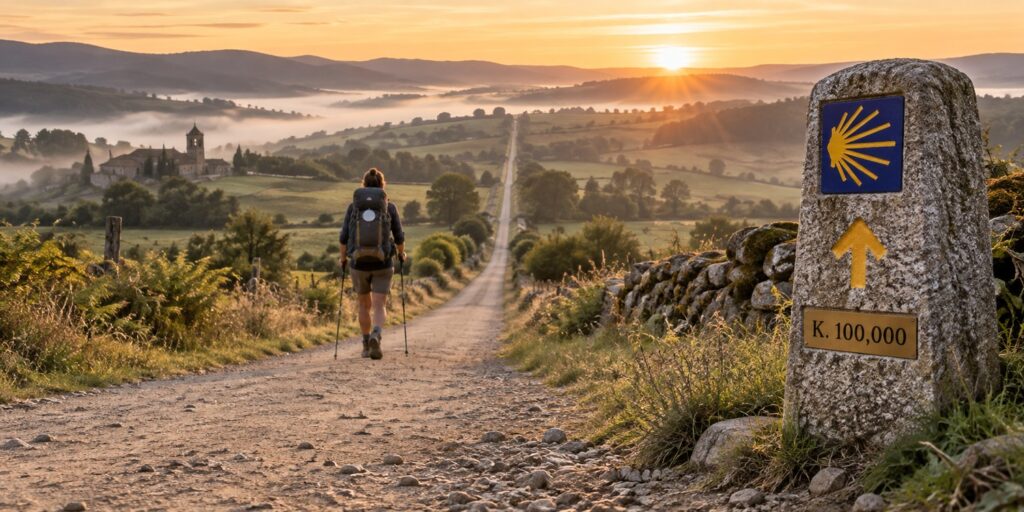Estrada ao amanhecer com um marco de distância do Caminho de Santiago