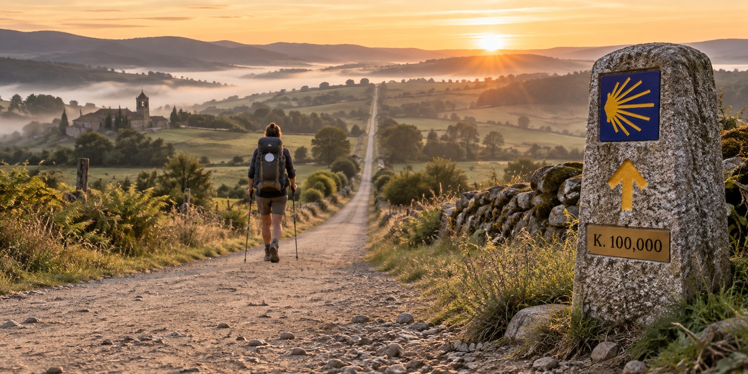 Estrada ao amanhecer com um marco de distância do Caminho de Santiago