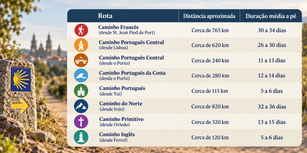 Tabela com a distância e a duração de cada rota do Caminho de Santiago